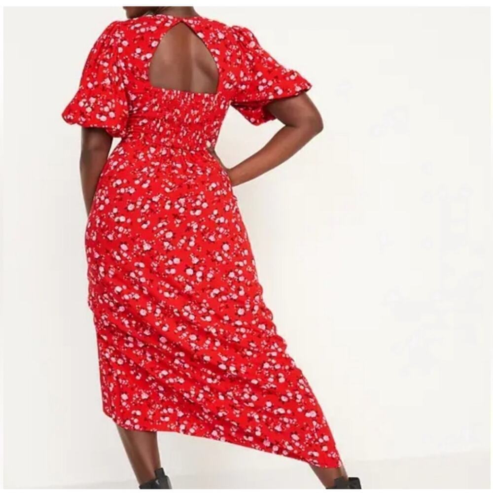 Old Navy Womans Sz XXL Midi Dress Puff Sleeve Floral Red Back Cut Out Smocked - Picture 4 of 9